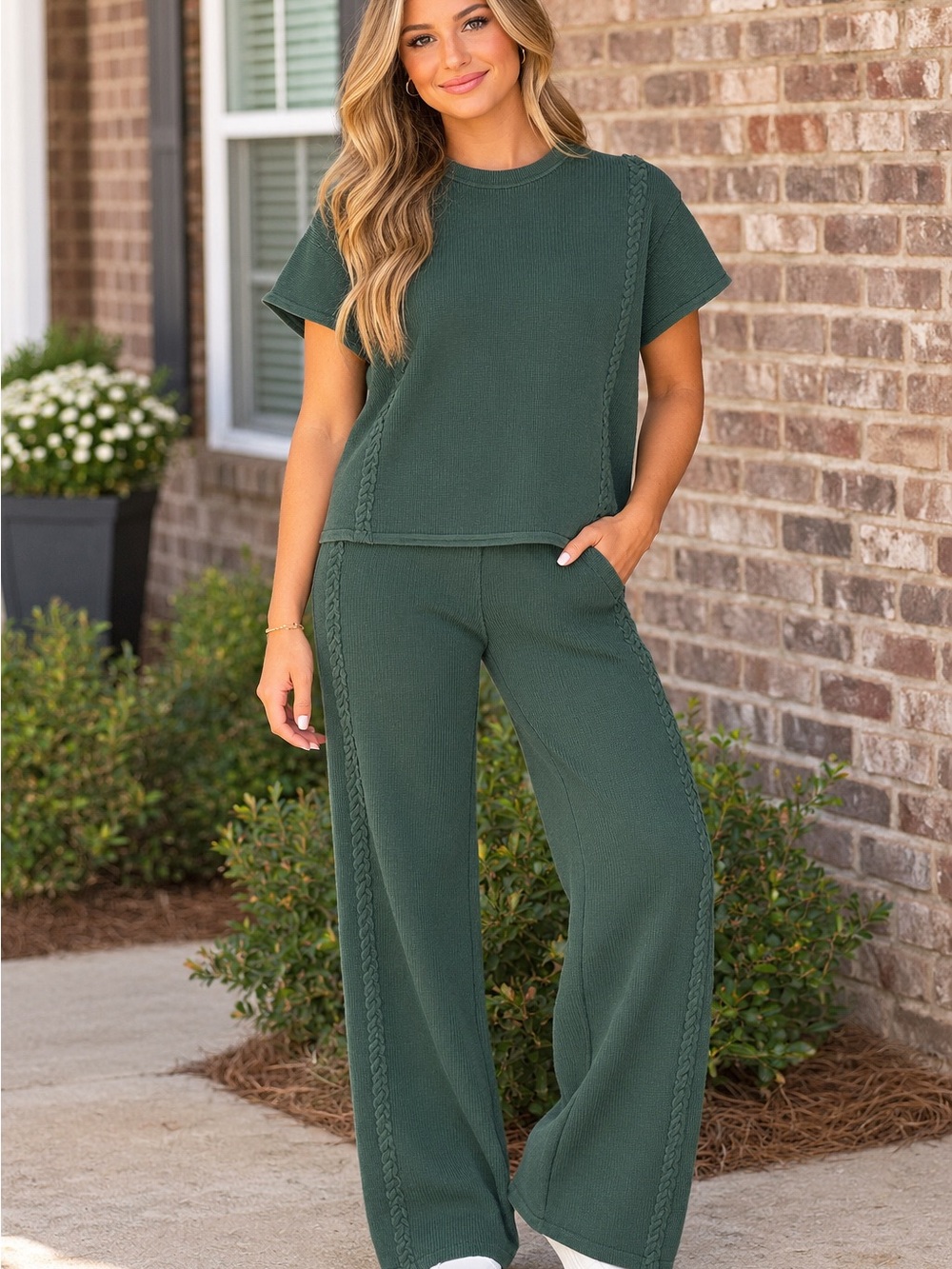Zenana🌿Women's Ash Jade Knit Wide-Leg Pants and Top Set small braid detail